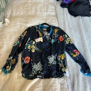 Johnny Was Black Blouse with Teal Trim and Yellow Floral Accents